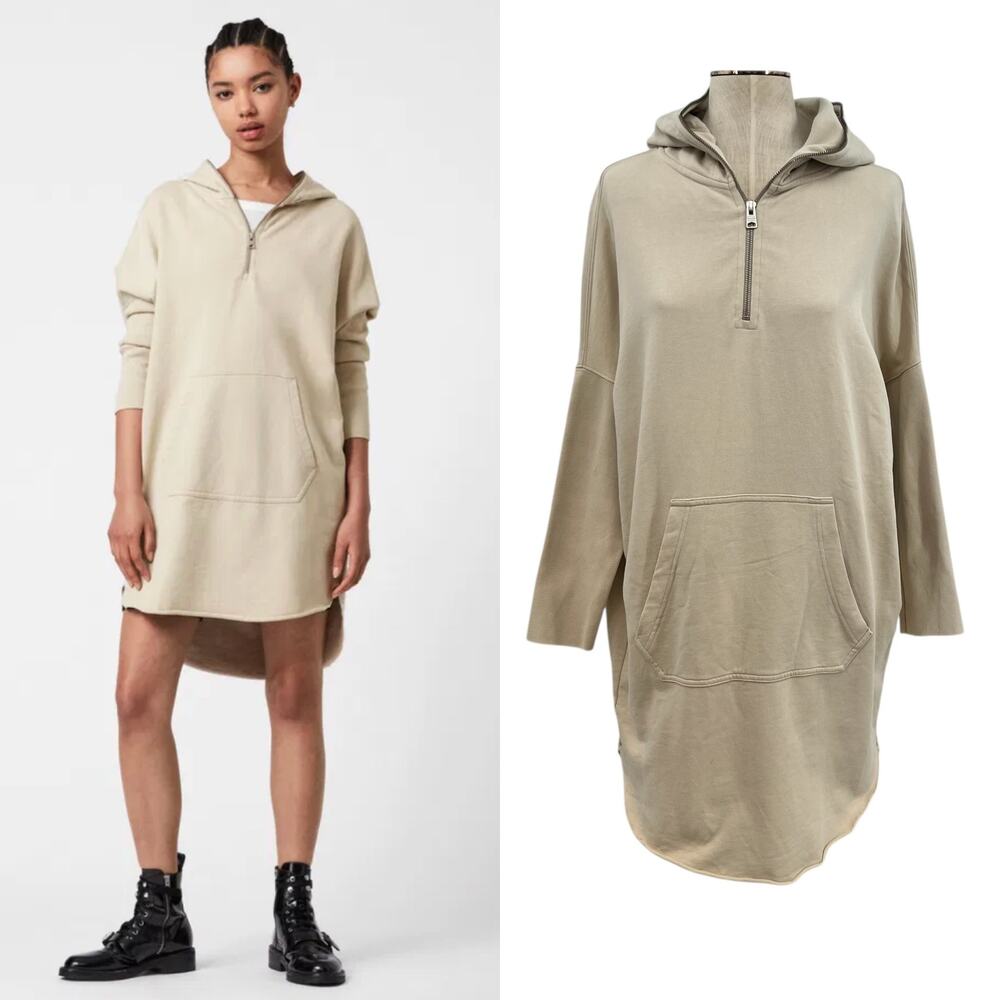 AllSaints Xonda Hoodie Dress Sweatshirt Zip 1/4 Zip Beige Cream Size Small